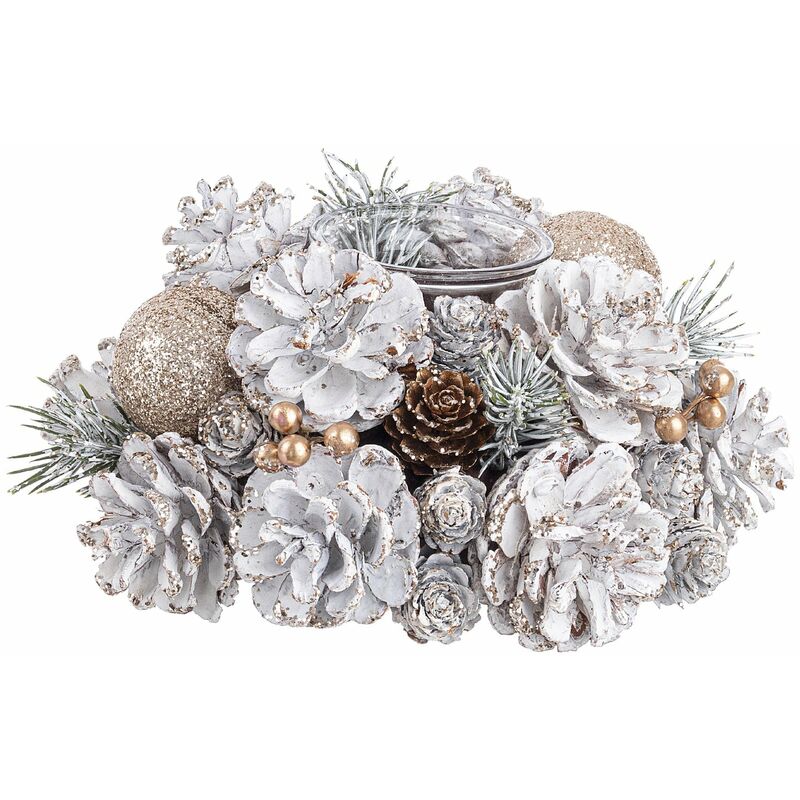 foto del prodotto kaemingk portacandela bianco decorativo con pigne per lumini in polistirolo per decorazioni natalizie 1 posto