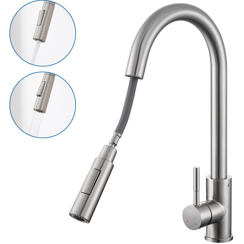 foto del prodotto kaibor estraibile rubinetto cucina in acciaio inox, rubinetto da cucina con doccetta estraibile fino a 50cm con adattatori rimovibili, girevole a