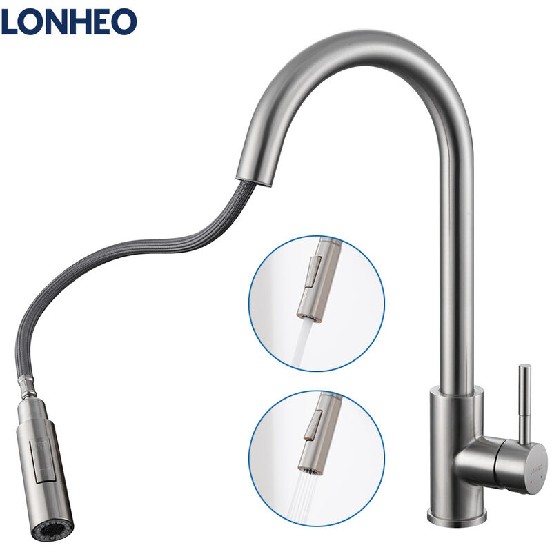 foto del prodotto kaibor lonheo rubinetto cucina estraibile in acciaio inox, estraibile rubinetto da cucina con doccetta 50cm con adattatori rimovibili, girevole a