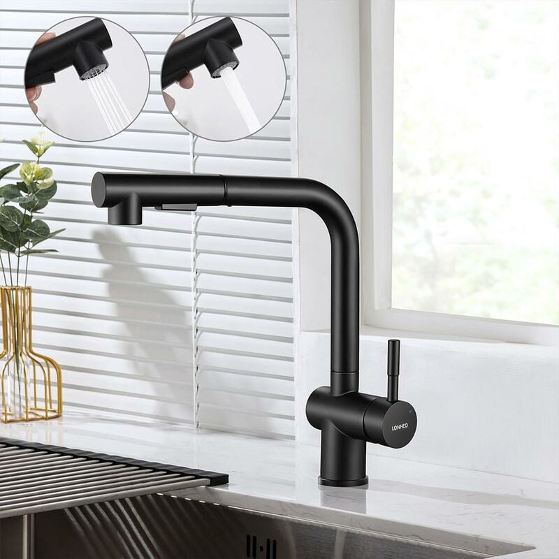 foto del prodotto kaibor lonheo rubinetto da cucina nero, rubinetto da cucina estraibile in acciaio inox, rubinetto da cucina con 2 tipi di getto d acqua, rubinetto