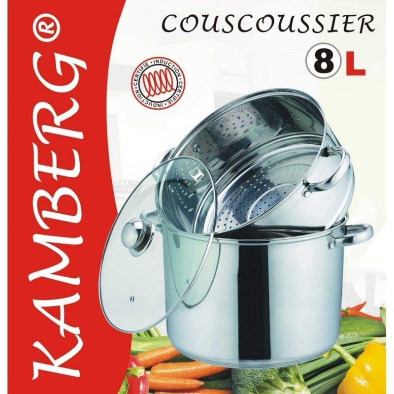 foto del prodotto kamberg couscoussiera, vaporira, pentola 3 en 1, diametro 24 cm, 8 litri, acciaio inox, coperchio in vetro, tutti fornelli y induzione