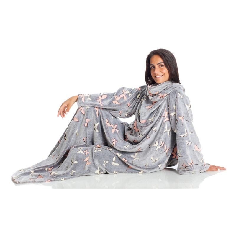 foto del prodotto kanguru coperta con maniche glow, soffice plaid in pile che si illumina al buio, microfibra, con tasca centrale, 180x140cm, regalo donna, uomo,