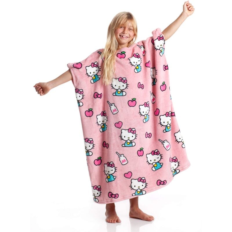 foto del prodotto kanguru coperta pile indossabile, hello kitty, felpa hoodie oversize, soffice plaid copre fronte retro, permette di camminare ed usare le maniche,