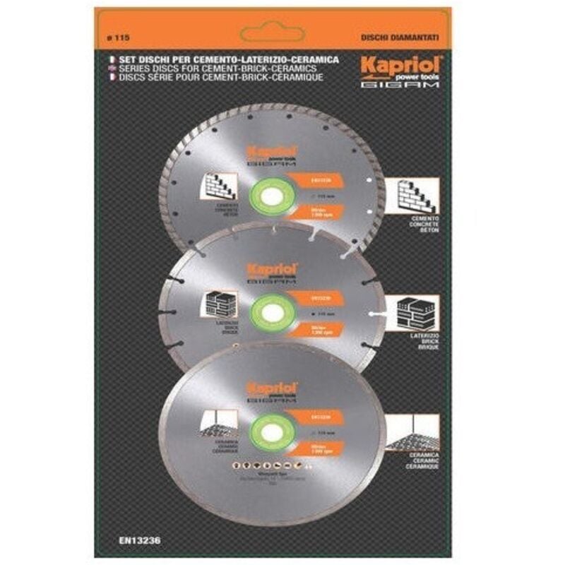 foto del prodotto kapriol set 3 dischi per smeriglio diamantati diametro 115 mm disco diamantato