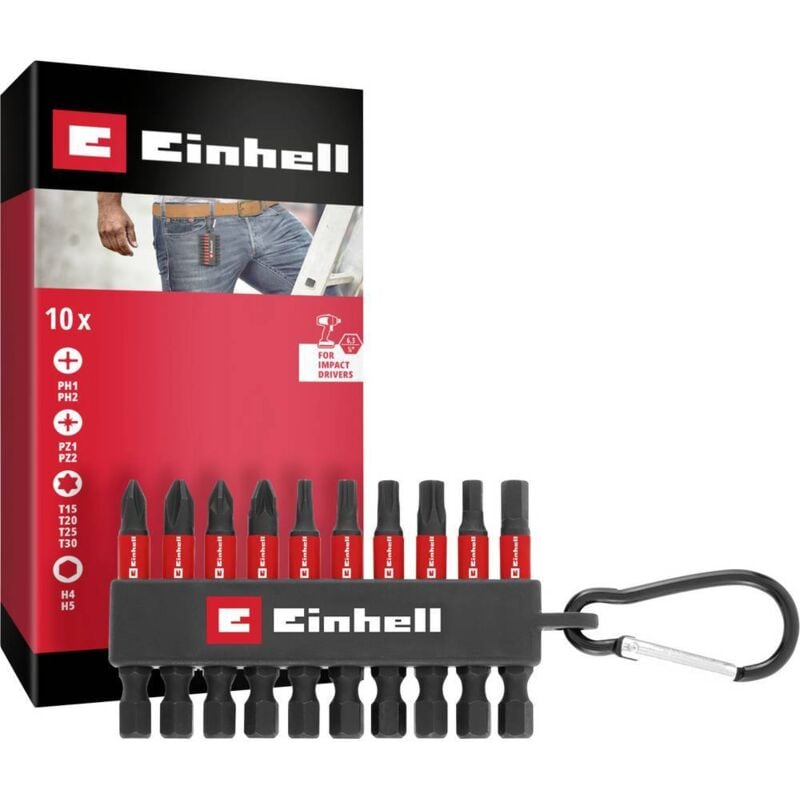 foto del prodotto karabiner impact bit set 10tlg 118633 kit inserti 1 4 6.3 mm , ph, pz, torx, esagonale einhell