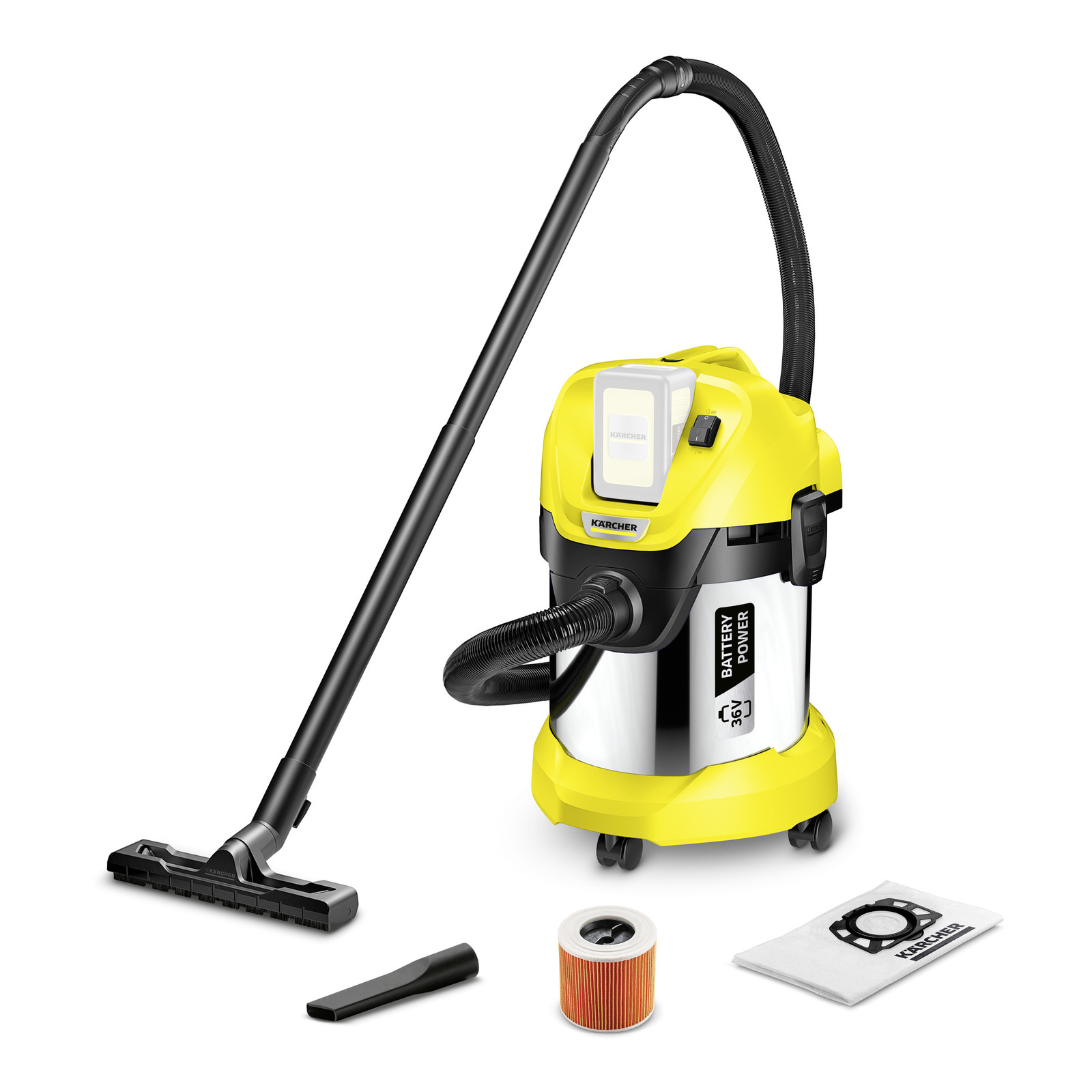foto del prodotto karcher bidone aspiratutto solido liquidi a batteria wd 3 battery premium potenza allacciata 300 w capacit vano raccolta 17 l materiale vano di raccolta acciaio inox
