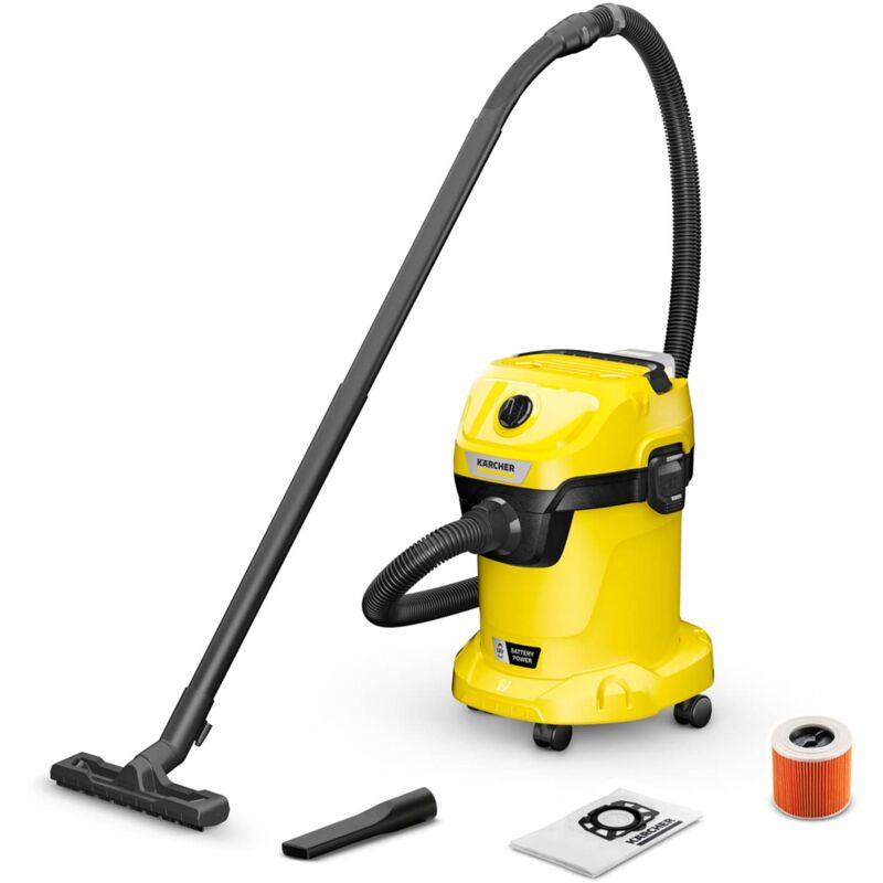 foto del prodotto karcher k rcher aspiratore solidi liquidi a batteria wd 3 battery, filtro a cartuccia, tubo di aspirazione 2m, contenitore in plastica 17 l, funz.