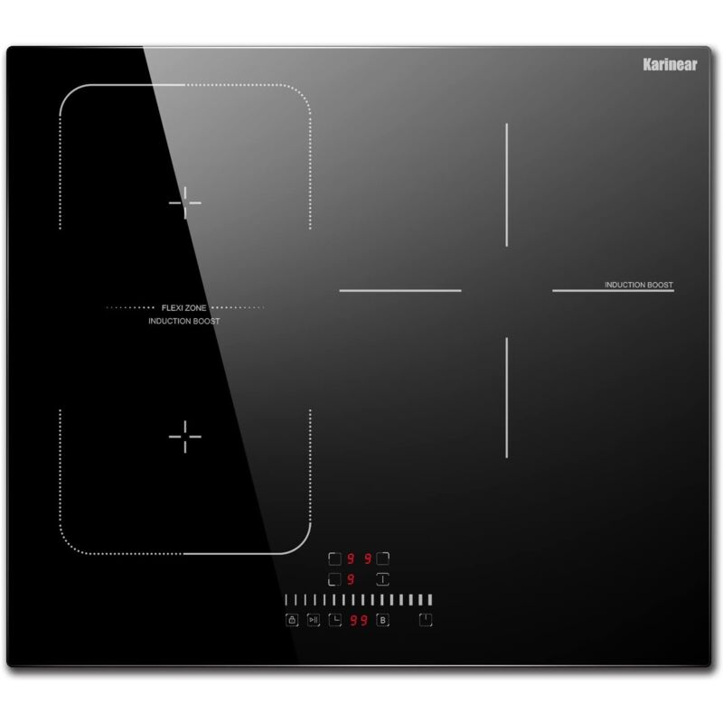 foto del prodotto karinear piano cottura a induzione, 60 cm, piano cottura elettrico a 3 zone con flessible, controllo slider, funzione boost, sicurezza bambini,