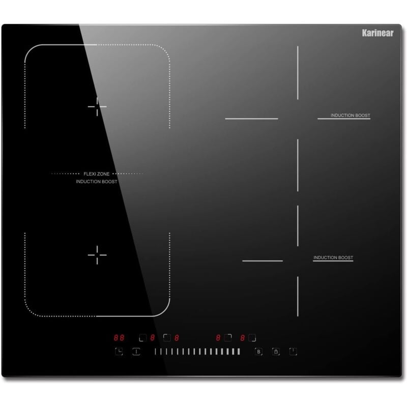 foto del prodotto karinear piano cottura a induzione, 60 cm, piano cottura elettrico a 4 zone con cursore, funzione boost e flexi zone 7200 w, cablaggio fisso, spina
