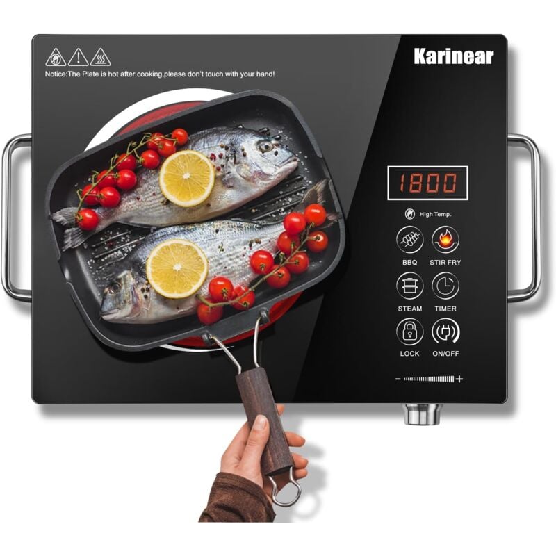 foto del prodotto karinear piano cottura vetroceramica 1 piastre con maniglie, 2000w piastra portatile 1 fuochi, piano cottura singolo controllo tattile manopola