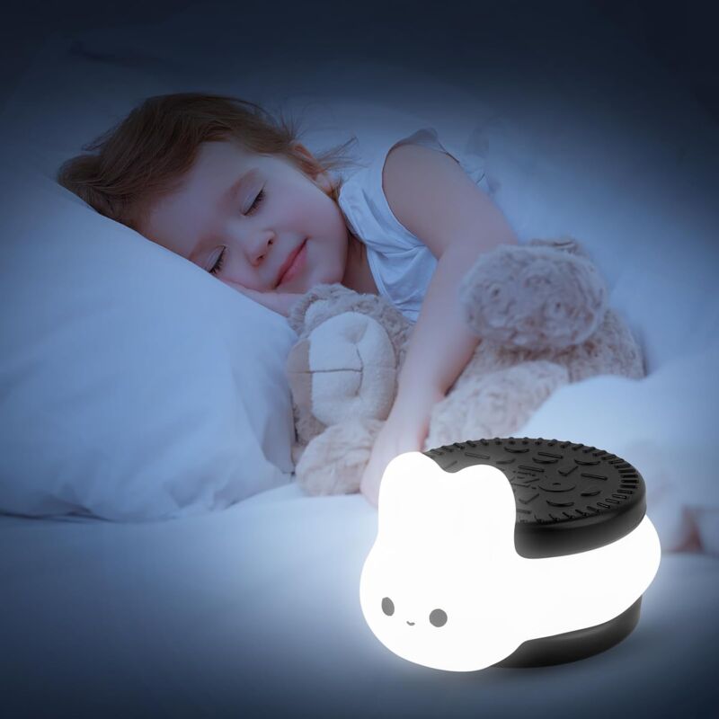 foto del prodotto kcvv 1 confezione di luce notturna a led per bambini, luce notturna a forma di coniglietto di biscotti oreo per bambini, luce notturna in silicone