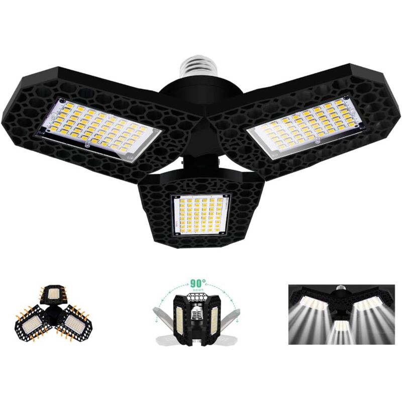 foto del prodotto kcvv illuminazione per garage a led da 40 w, plafoniera deformabile e27 con 3 pannelli regolabili, ultra luminosa, 3000 lm, bianco freddo, per