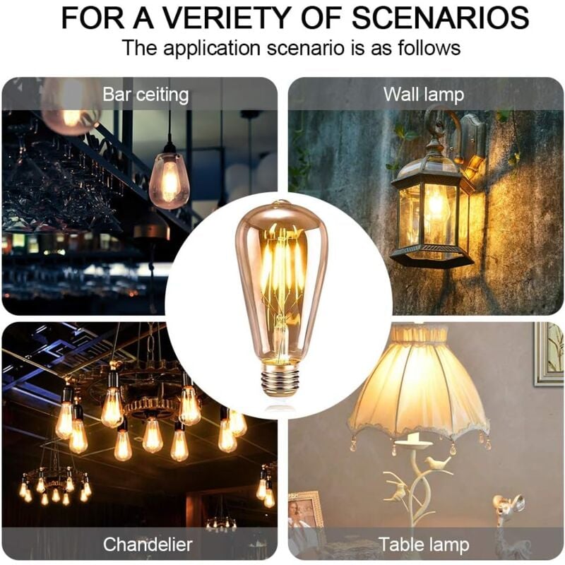 foto del prodotto kcvv lampadina vintage e27, confezione da 6, led e27 st64, lampada decorativa retr edison vintage antique 4w filamento bianco caldo per lampadine