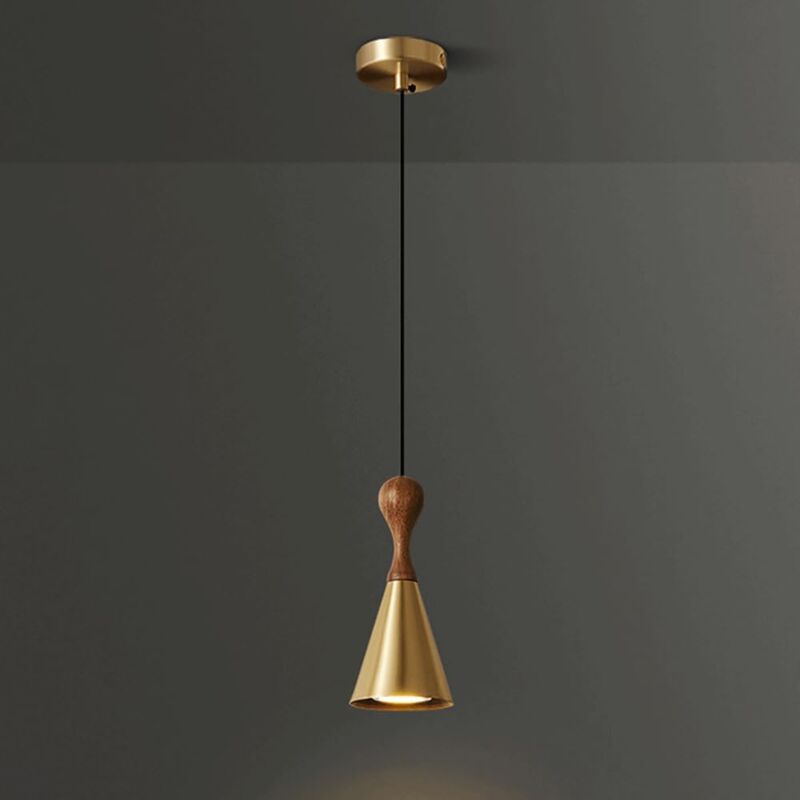 foto del prodotto kcvv mini lampada a sospensione in legno di noce con paralume in ottone, illuminazione decorativa da comodino, lampada a sospensione, attacco e27