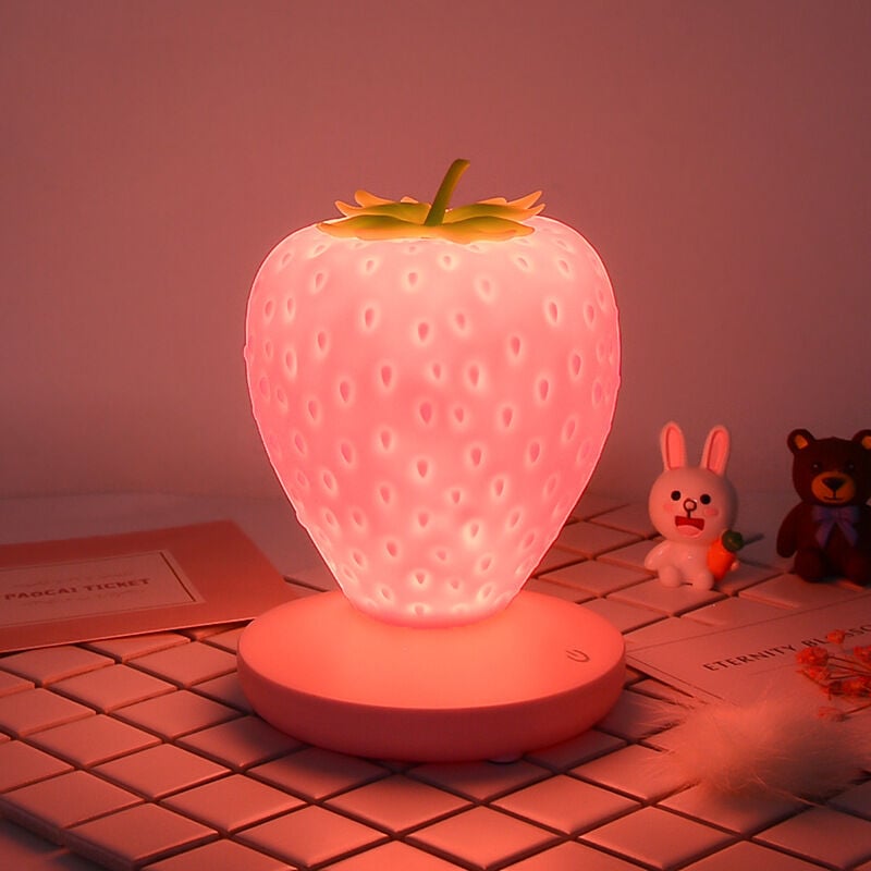 foto del prodotto kcvv strawberry light, lampada da comodino touch, luce notturna per decorazioni a led, luce notturna a forma di fragola, luce notturna in silicone,