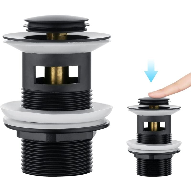 foto del prodotto kcvv tappo per lavello, tappo per lavello sistema di scarico a scomparsa tappo click clack con troppopieno tappo di scarico universale, nero opaco