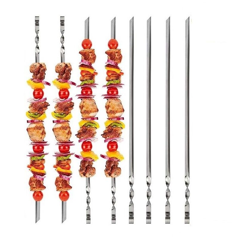 foto del prodotto kebab per barbecue in acciaio inossidabile, set di kebab per barbecue da 10 pezzi, spilli per kebab per barbecue, kebab in metallo piatto per barbecue