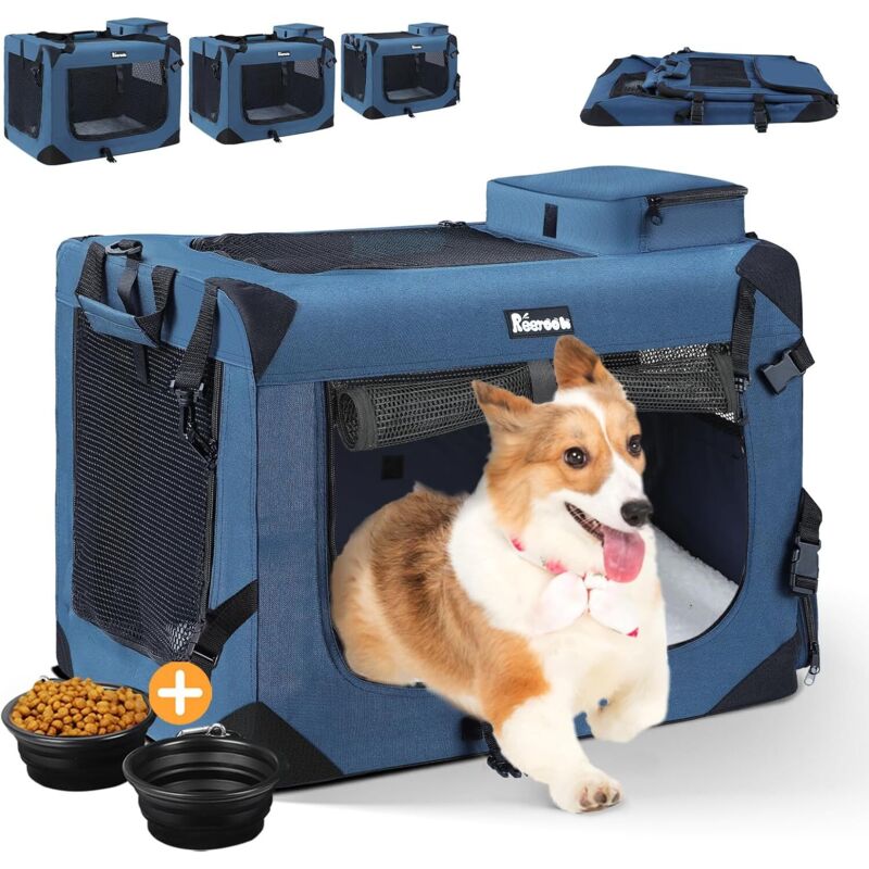 foto del prodotto keepbuying borsa da trasporto pieghevole per cani e gatti con ciotola, trasportino portatile e traspirante, tracolla regolabile 60x42x42 cm blu