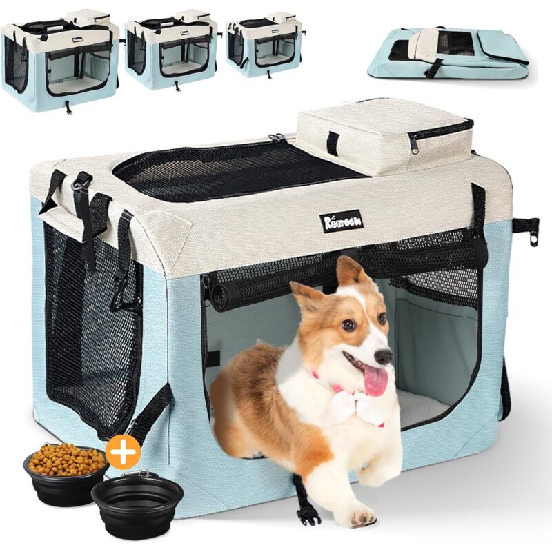 foto del prodotto keepbuying borsa da trasporto pieghevole per cani e gatti con ciotola, trasportino portatile e traspirante, tracolla regolabile 80x58x58 cm blu