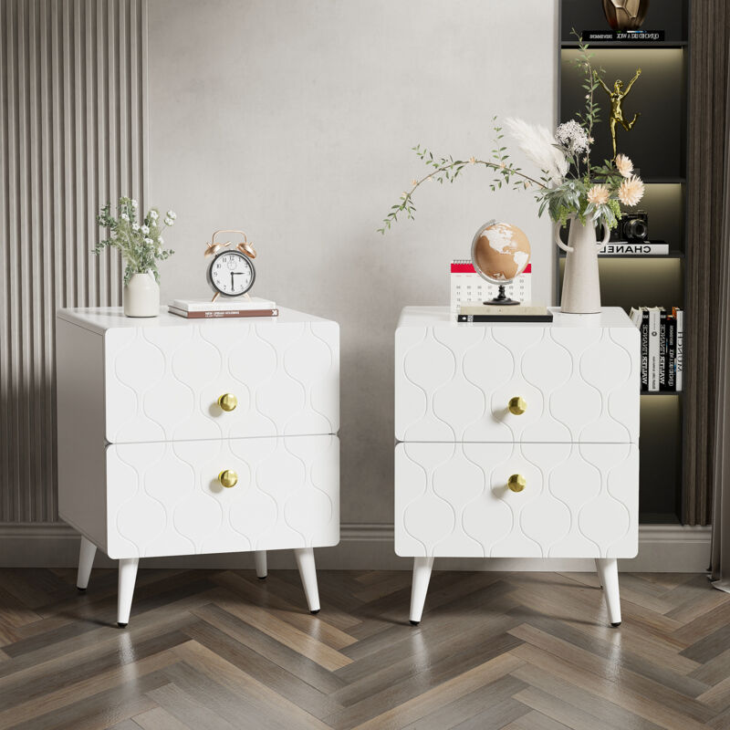 foto del prodotto keepbuying comodino moderno, set da 2, maniglie placcate oro, motivo a onde, 2 cassetti, angoli antiurto, 39,5x40x50 cm, bianco