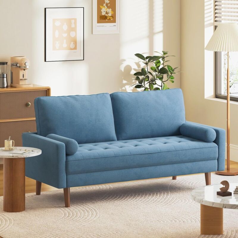 foto del prodotto keepbuying divano a 3 posti in elegante tessuto di lino traspirante con braccioli, gambe in legno massello, comfort duraturo, facile da pulire, 173