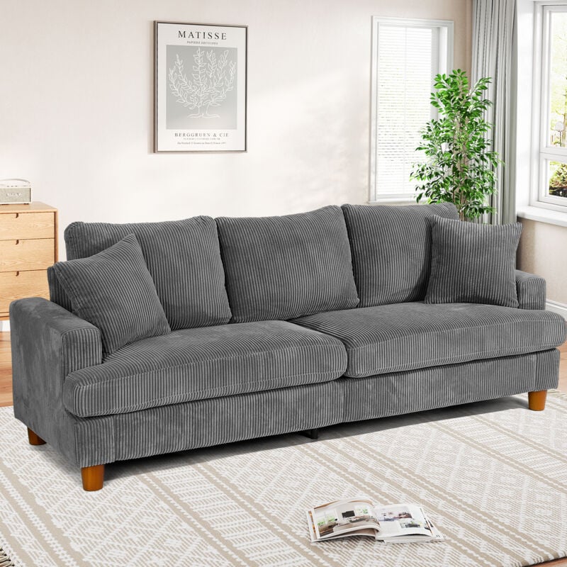 foto del prodotto keepbuying divano a 3 posti in velluto a coste, grande divano dritto imbottito moderno con sedute extra profonde da 53 cm, 2 cuscini, 220 l x 76 p