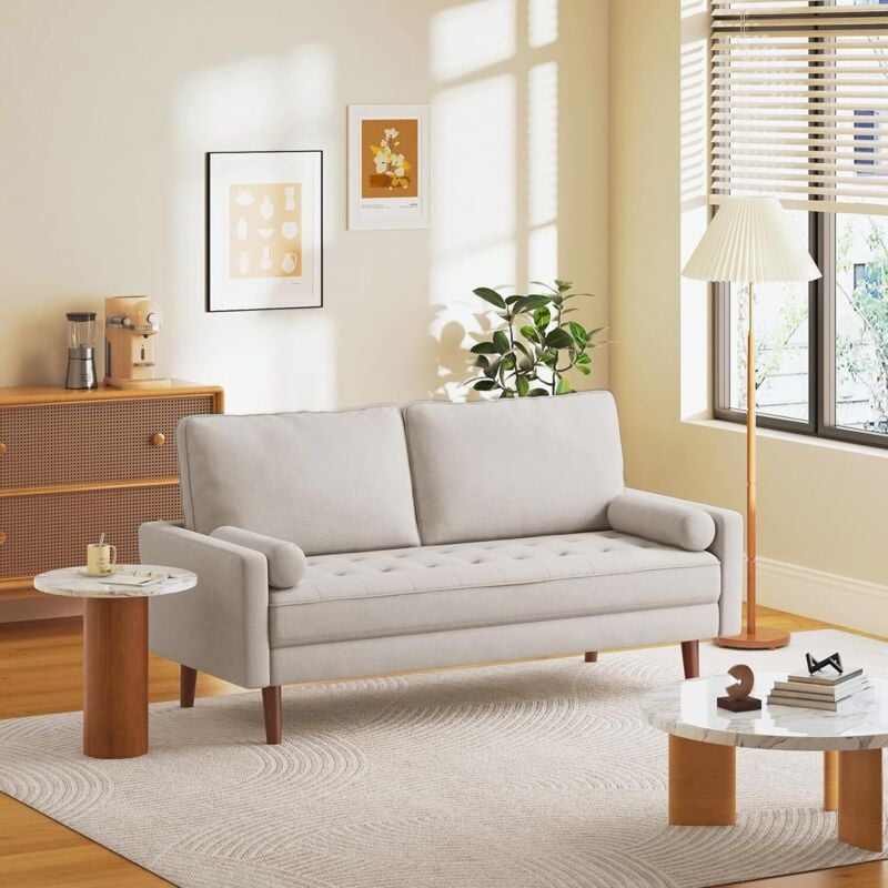 foto del prodotto keepbuying divano dritto a 3 posti in moderno tessuto di lino, seduta imbottita, con braccioli, gambe in legno massello, 173l x 77w x 84h cm, beige