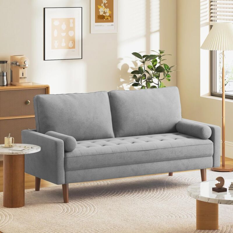 foto del prodotto keepbuying divano dritto a 3 posti in moderno tessuto di lino, seduta imbottita, con braccioli, gambe in legno massello, 173l x 77w x 84h cm, grigio