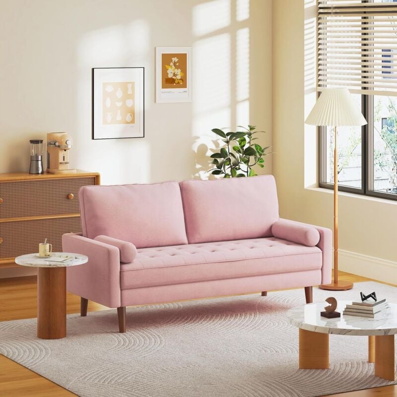 foto del prodotto keepbuying divano dritto a 3 posti in moderno tessuto di lino, seduta imbottita, con braccioli, gambe in legno massello, 173l x 77w x 84h cm, rosa