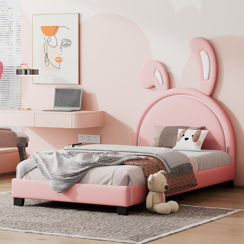 foto del prodotto keepbuying letto contenitore imbottito 90x200cm, letto per bambini con rete a doghe e schienale, letto per bambina a forma di orecchie di coniglio,