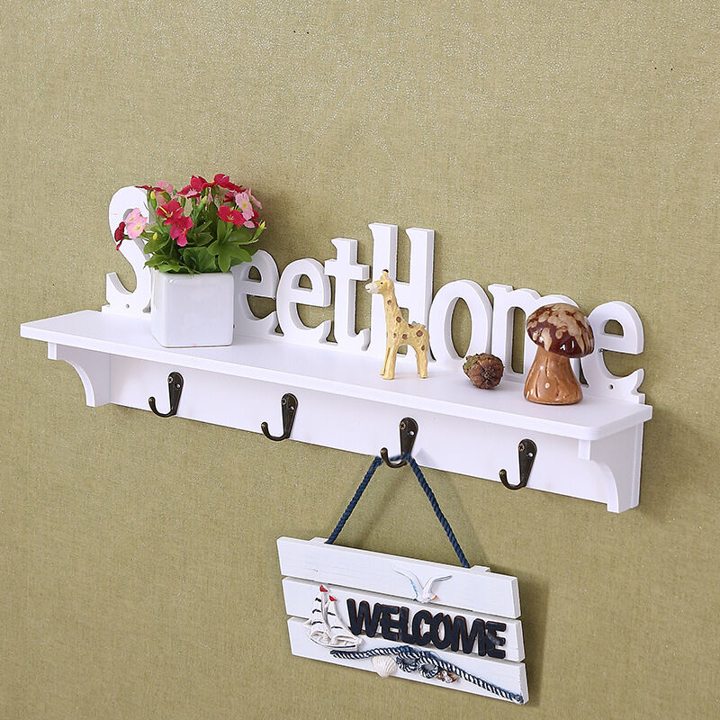 foto del prodotto keepbuying mensola portaoggetti da parete in legno sweet home, attaccapanni da parete con 4 ganci per soggiorno, camera da letto, ufficio, 47 x 8