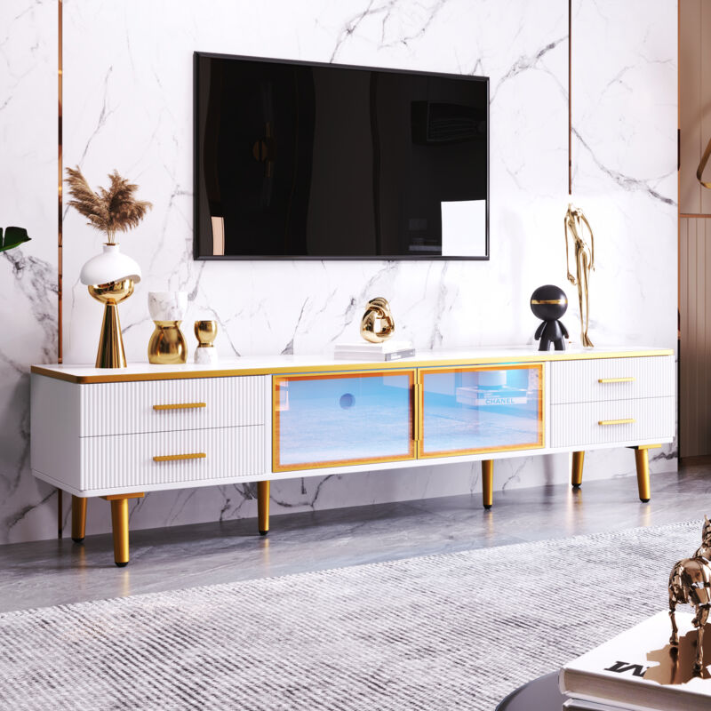 foto del prodotto keepbuying mobile tv moderno in marmo, 4 gambe, cassetti con maniglie dorate, ante in vetro temperato marrone, mobiletto basso per soggiorno,