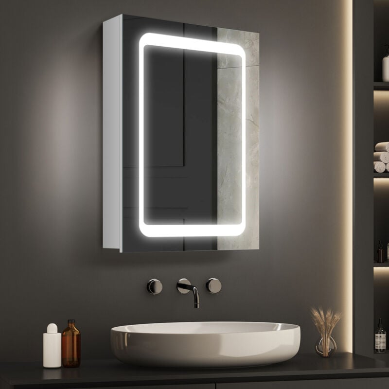 foto del prodotto keepbuying mobiletto con specchio da bagno con illuminazione, pensile con specchio, interruttore a sensore, antiappannamento, 50l x 13w x 70hcm