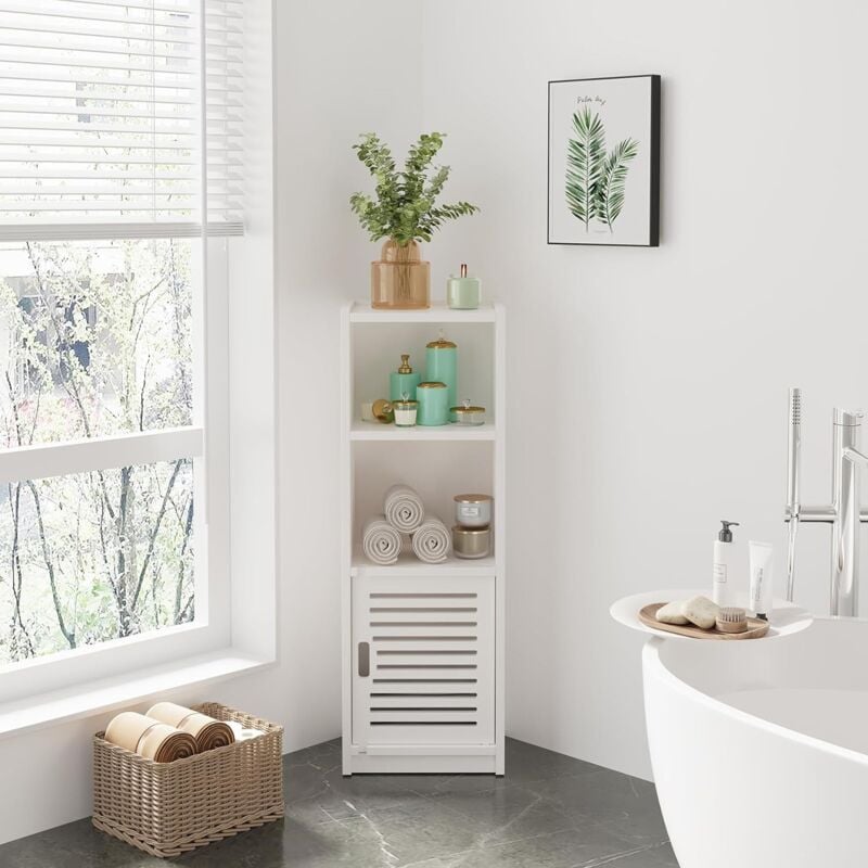foto del prodotto keepbuying mobiletto da bagno con anta piccola e 3 cassetti, mobiletto portaoggetti con anta, ripiano su piedini, 80 x 25 x 22 cm, bianco