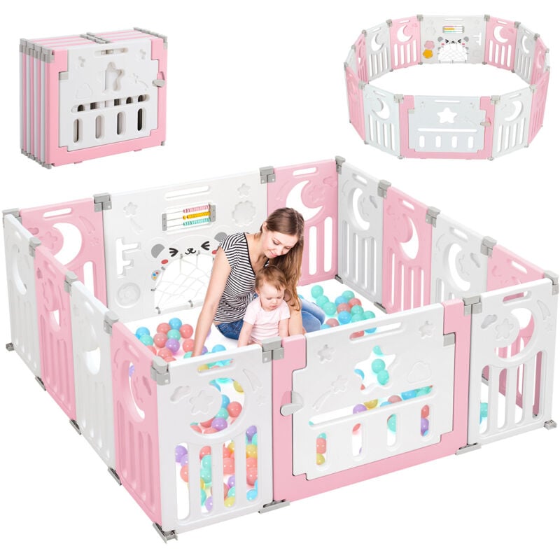 foto del prodotto keepbuying recinto per bambini in plastica con 14 pannelli recinzione protettiva pieghevole per bambini 150x150x62 cm rosa e bianco