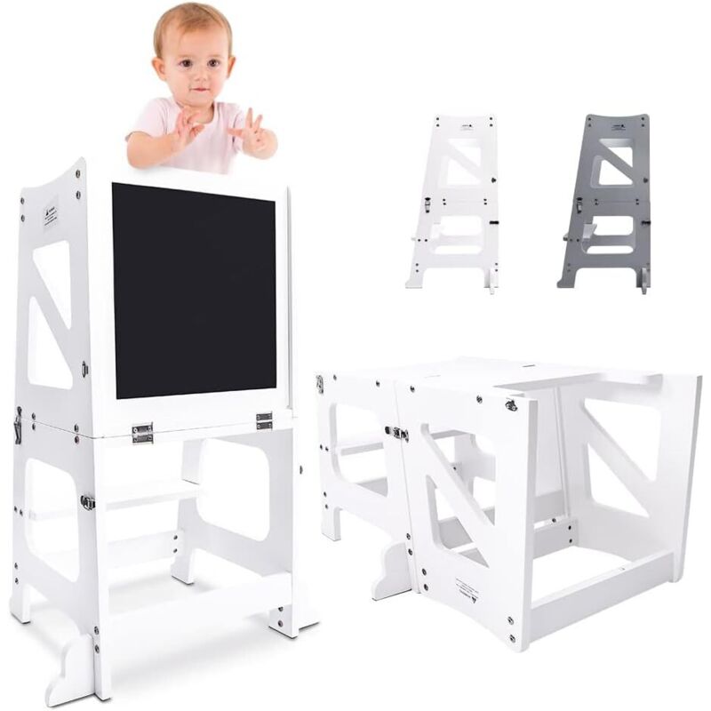 foto del prodotto keepbuying seggiolone 2 in 1 per bambini, torre di apprendimento pieghevole in legno con lavagna magnetica bifacciale, tavolo e sedia