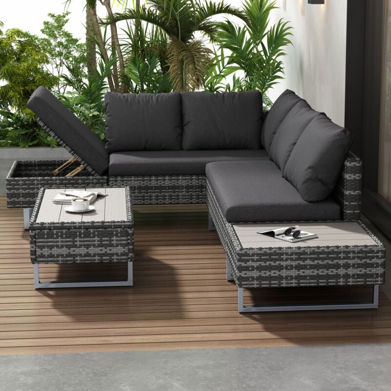 foto del prodotto keepbuying set di mobili da giardino per 4 5 posti divano angolare tavolo e cuscini divano in polyrattan con spazio contenitore, grigio