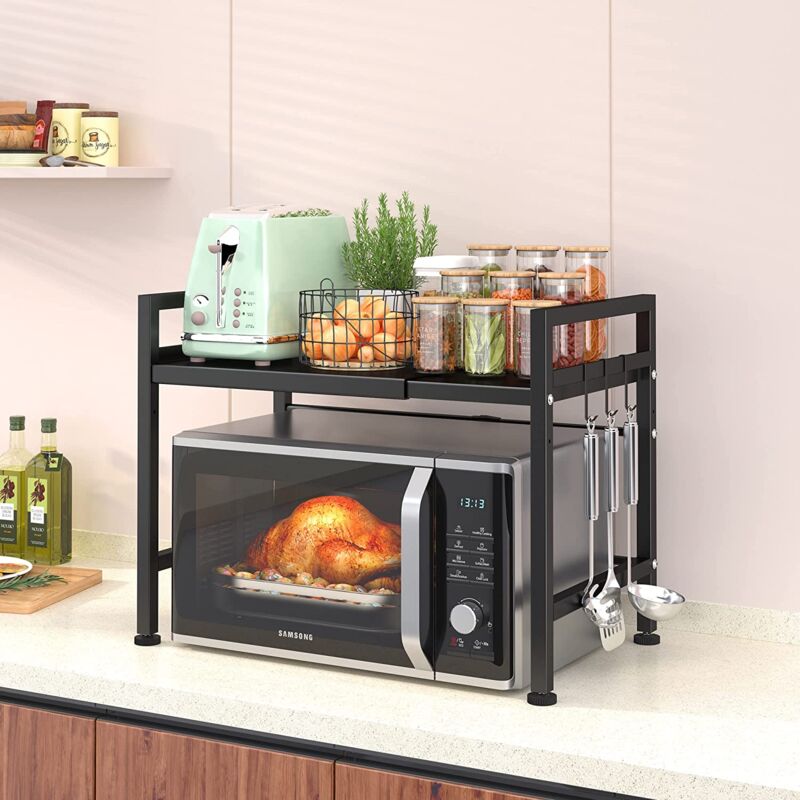 foto del prodotto keepbuying supporto estensibile per forno a microonde mobiletto portaoggetti da cucina con 3 ganci 40 64 x 36 x 45 cm nero