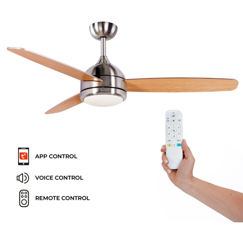 foto del prodotto kekai ventilatore da soffitto siroco argento dc 132x40cm 55w con pale in legno, luce regolabile, timer e applicazione smart
