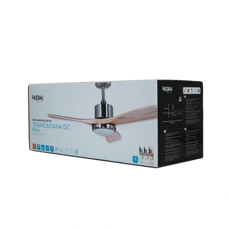 foto del prodotto kekai ventilatore da soffitto tramontana dc 132x40cm 55w argento con pale in legno, luce regolabile, timer e app smart