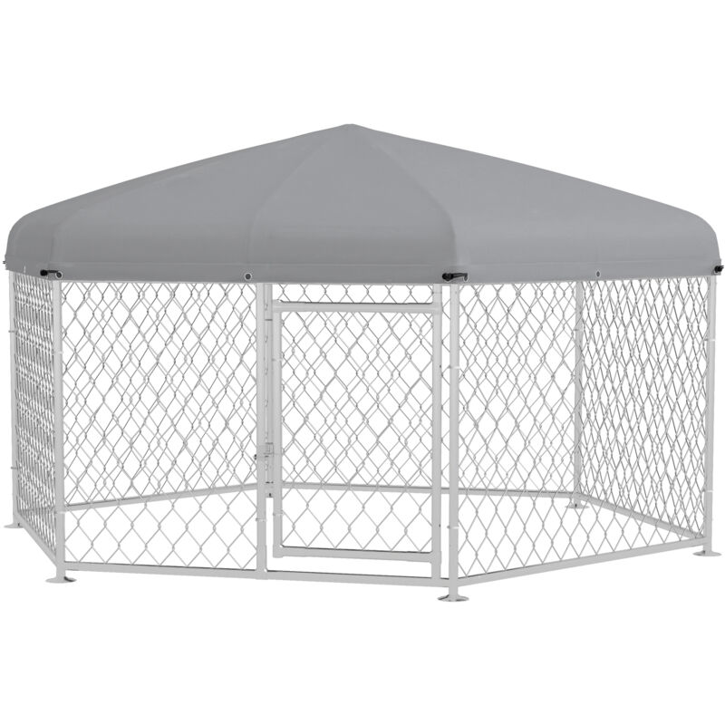 foto del prodotto kennel per cani taglia grande tetto tessuto oxford 2.1x1.85x1.5m argento pawhut