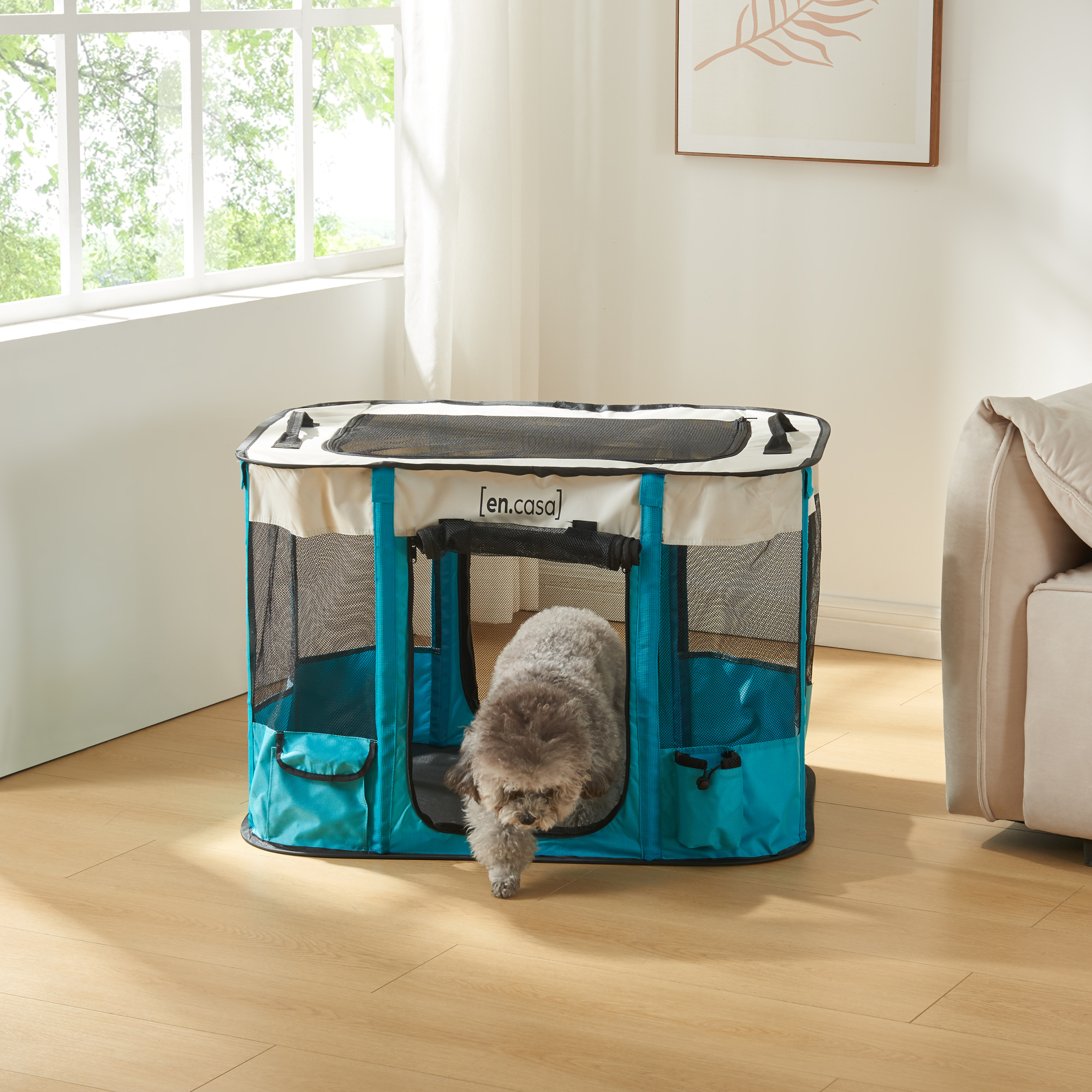 foto del prodotto kennel pieghevole m rbyl nga rifugio portatile per cani e gatti 80 x 60 x 55 cm blu beige en.casa 