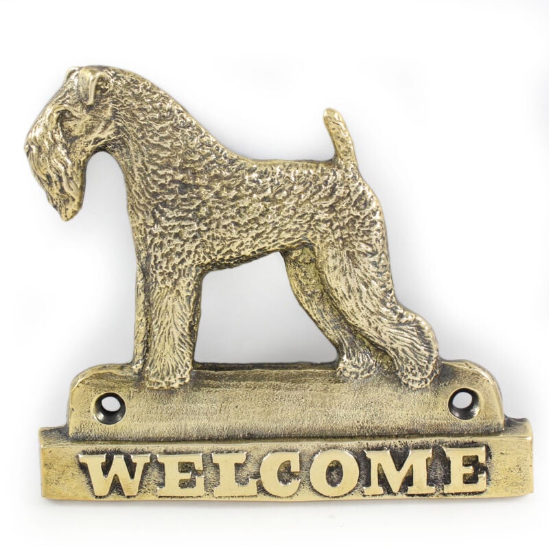 foto del prodotto kerry blue terrier, irish blue terrier cartello per porta con un cane, targa di benvenuto in ottone, cartello unico con la scritta welcome di