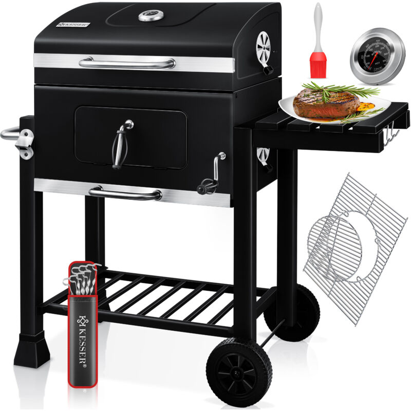 foto del prodotto kesser bbq smoker xl carrello per barbecue a carbone con coperchio, ruote, maniglia in acciaio inox, rastrelliera per griglia e termometro, 8