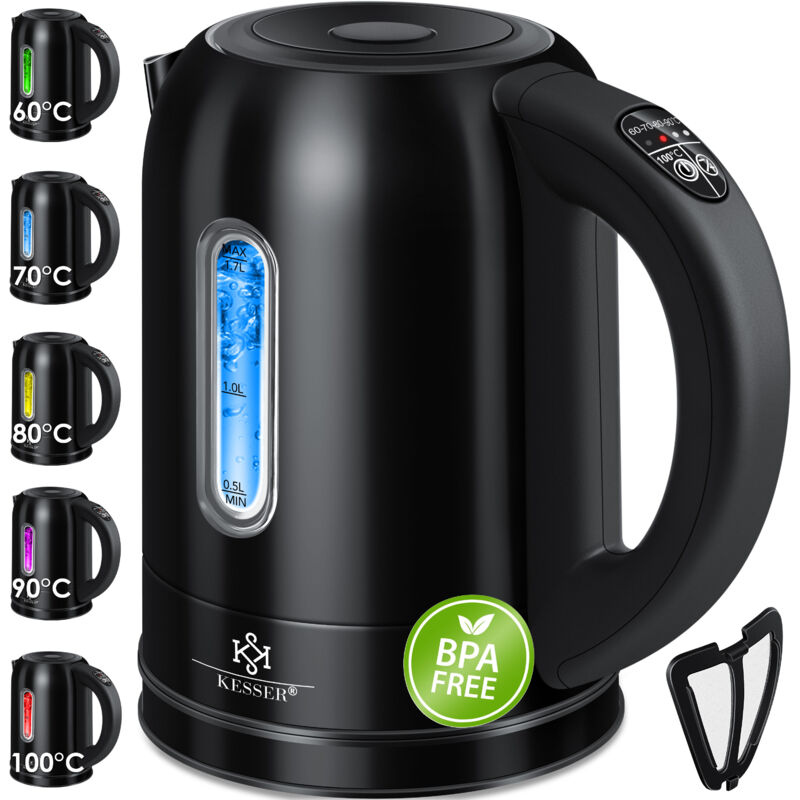 foto del prodotto kesser bollitore da 1,7 litri in acciaio inox 2200w selezione temperatura funzione scaldavivande nero