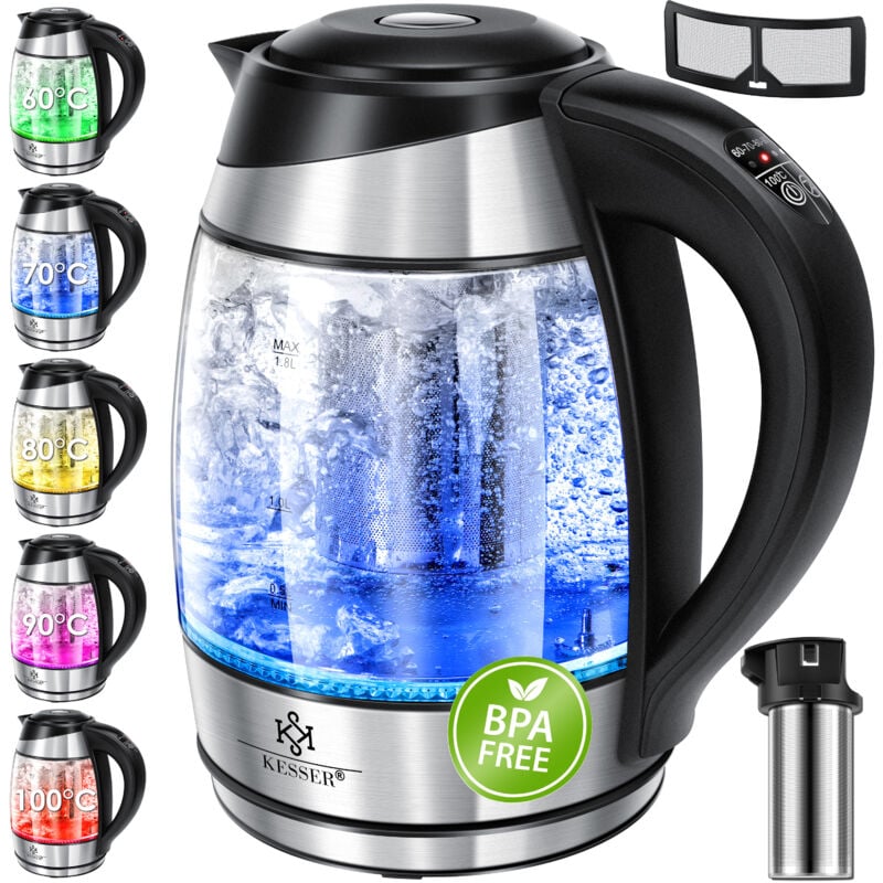 foto del prodotto kesser bollitore da 1,8 litri in acciaio inox 2200w funzione scaldavivande in vetro nero