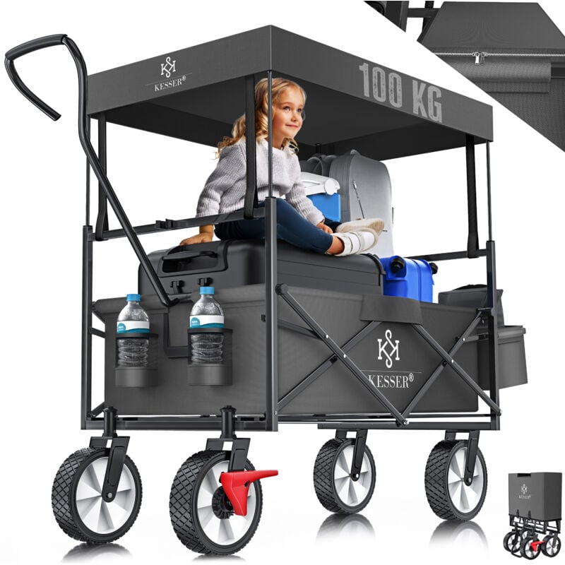 foto del prodotto kesser® carrello manuale pieghevole con tetto carrello da trasporto carrello porta attrezzi incl. 2 tasche a rete e una tasca esterna pieghevole pneumatici in gomma piena antracite