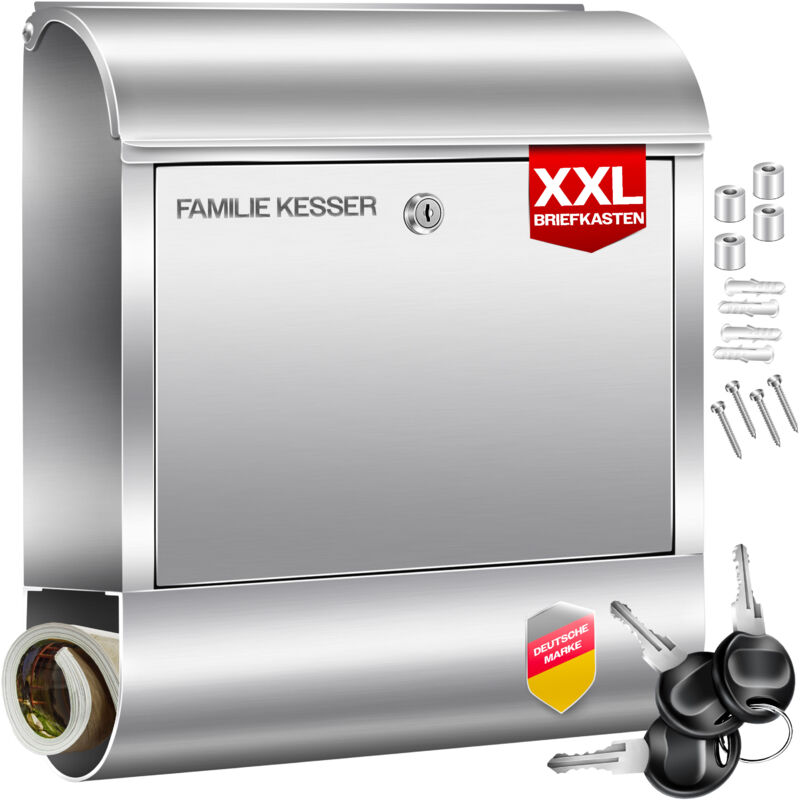 foto del prodotto kesser cassetta per le lettere xxl in acciaio inox con scomparto per giornali spazzolato 3x chiusura a chiave verniciato a polvere montaggio a