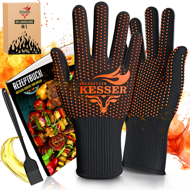 foto del prodotto kesser guanti da barbecue resistenti al calore fino a 500 guanti da forno traspiranti guanti da padella in tessuto aramidico nero arancione, m l