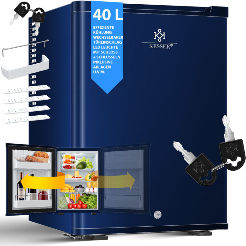 foto del prodotto kesser mini frigorifero con serratura minibar capacit 40 litri silenzio 22db chiusura a chiave cerniera porta intercambiabile circa 4 16 c blu
